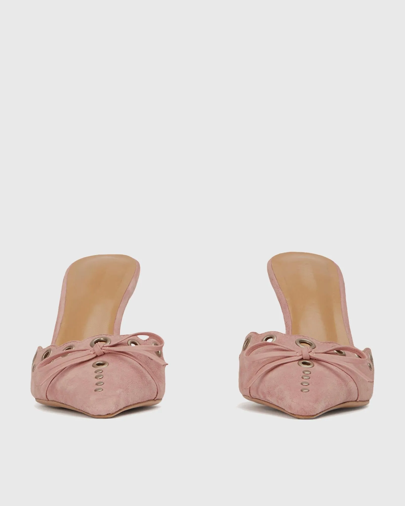 Zabella Rivet Cutout Bow Velvet Mules In Pink