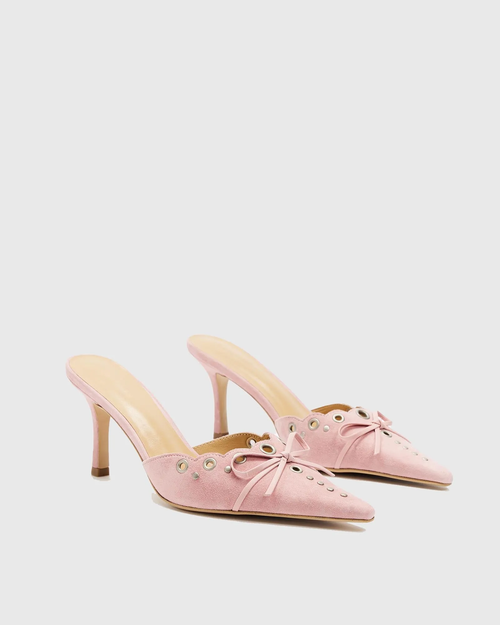 Zabella Rivet Cutout Bow Velvet Mules In Pink