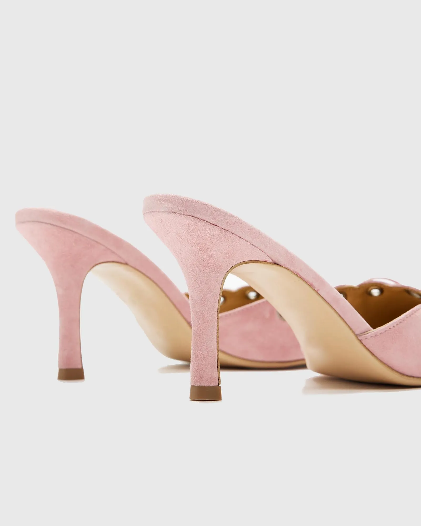 Zabella Rivet Cutout Bow Velvet Mules In Pink