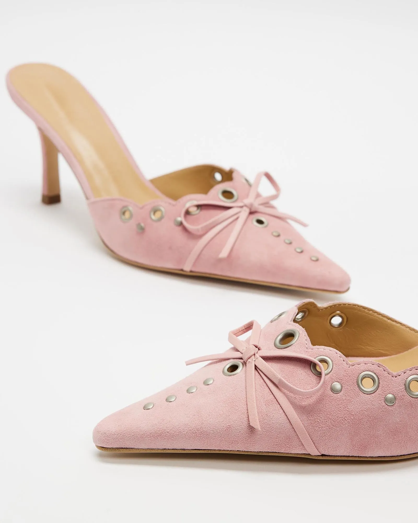 Zabella Rivet Cutout Bow Velvet Mules In Pink