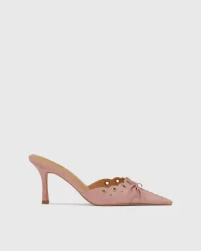 Zabella Rivet Cutout Bow Velvet Mules In Pink