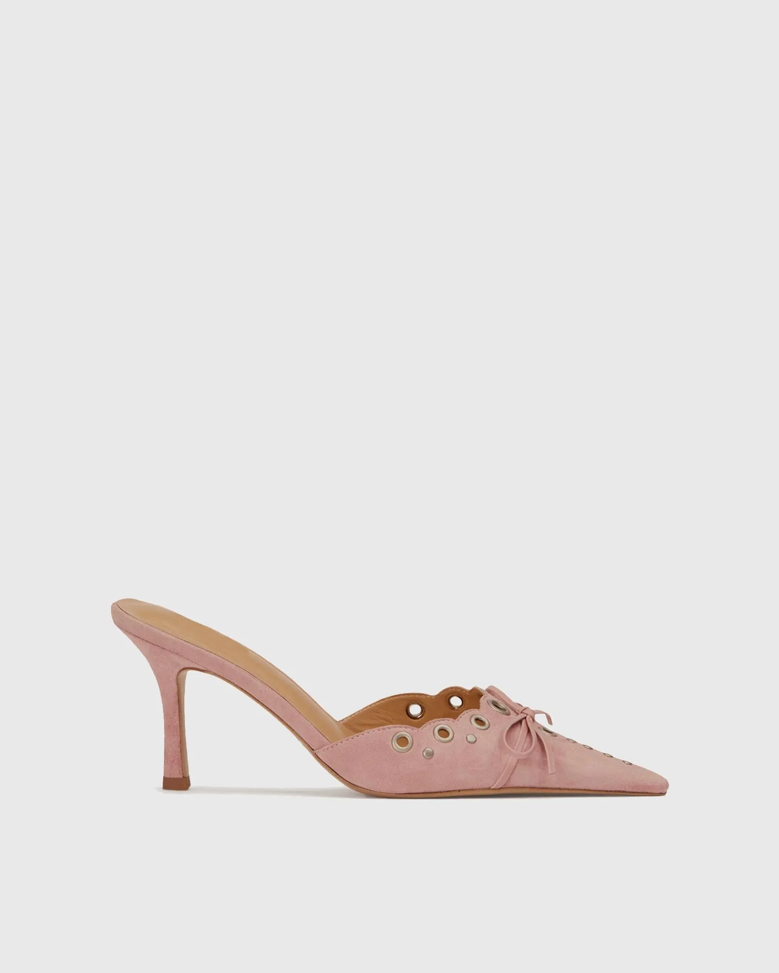 Zabella Rivet Cutout Bow Velvet Mules In Pink